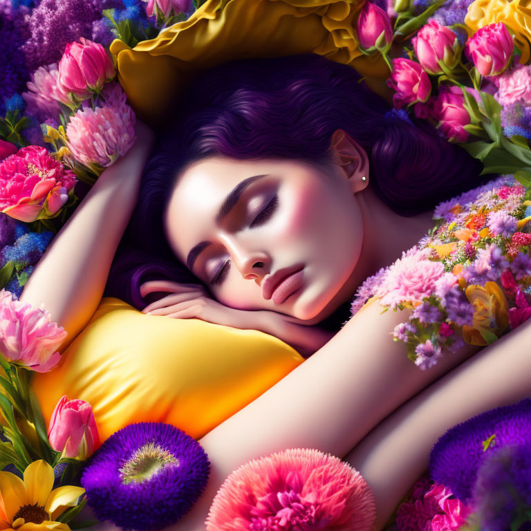 Woman Sleeping Surrounded by Vibrant Flowers in Serene Environment