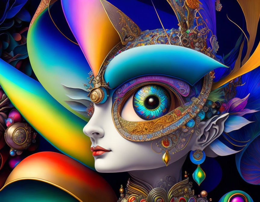 Colorful digital artwork featuring masked female figure with detailed eye, gold decorations, feathers, vibrant background