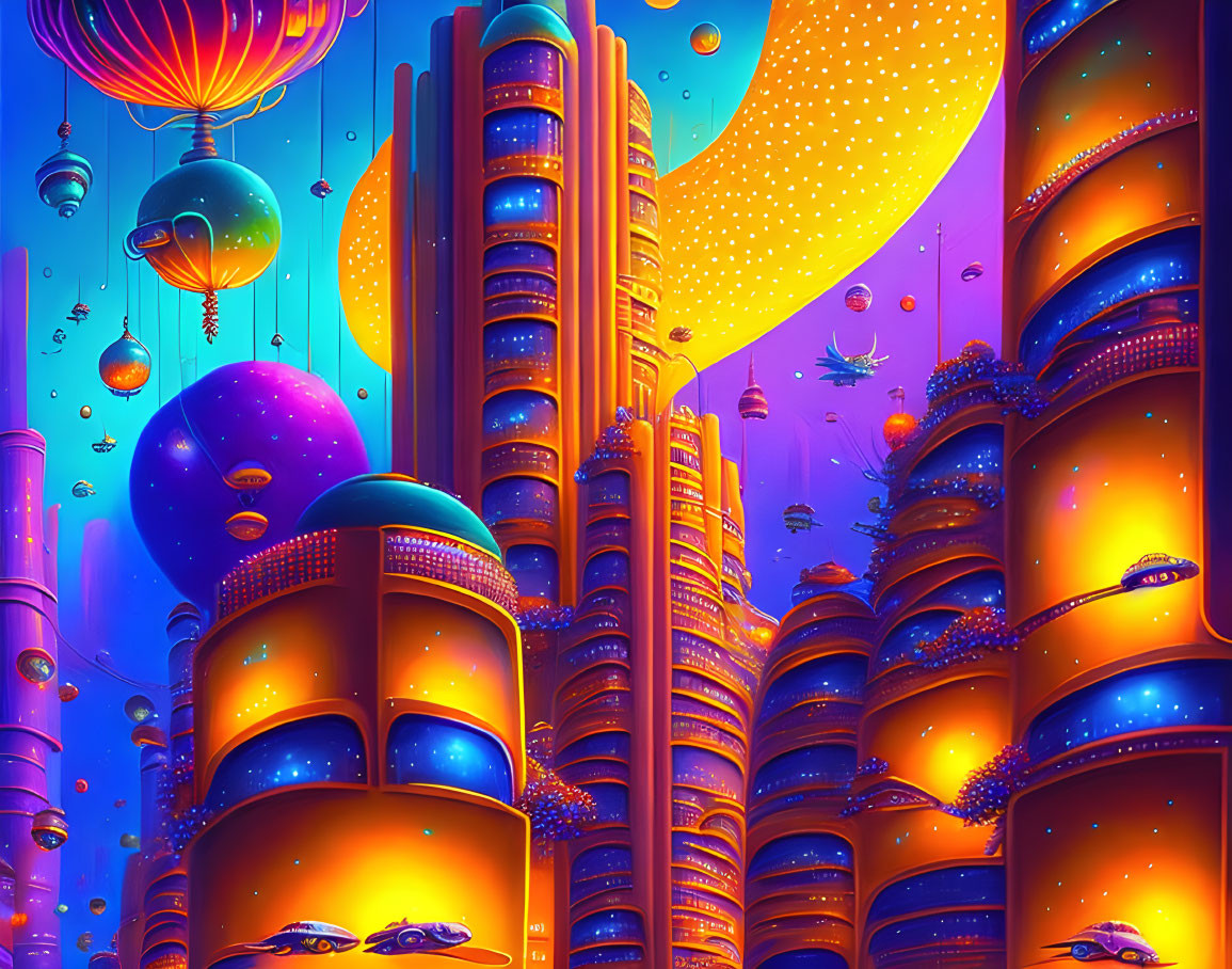 Futuristic cityscape at night with neon lights and flying vehicles