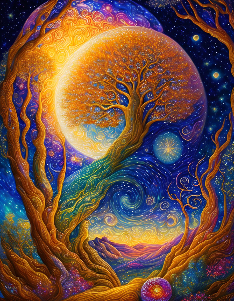 Colorful painting of whimsical tree under glowing moon with swirls and stars