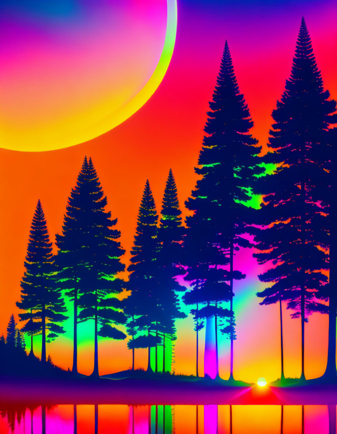 Vibrant neon landscape with pine trees, water, and crescent moon