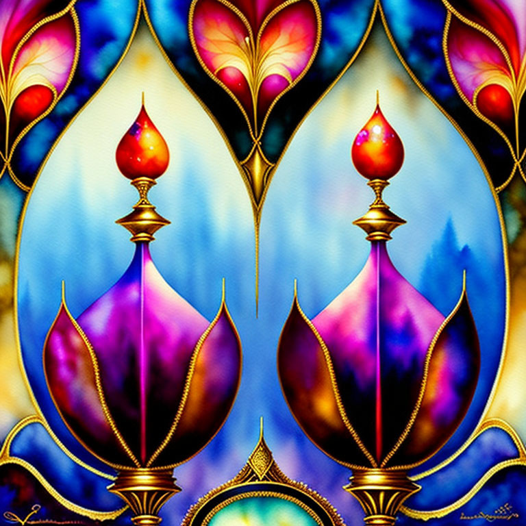 Symmetrical jewel-toned stained glass pattern with golden outlines