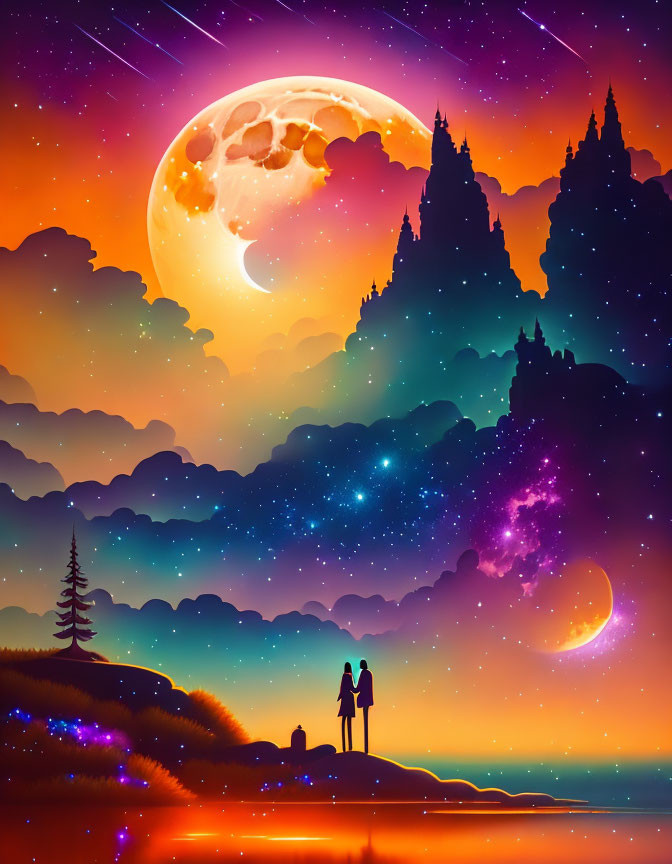 Couple under surreal sky with moon, stars, clouds, trees, mountains