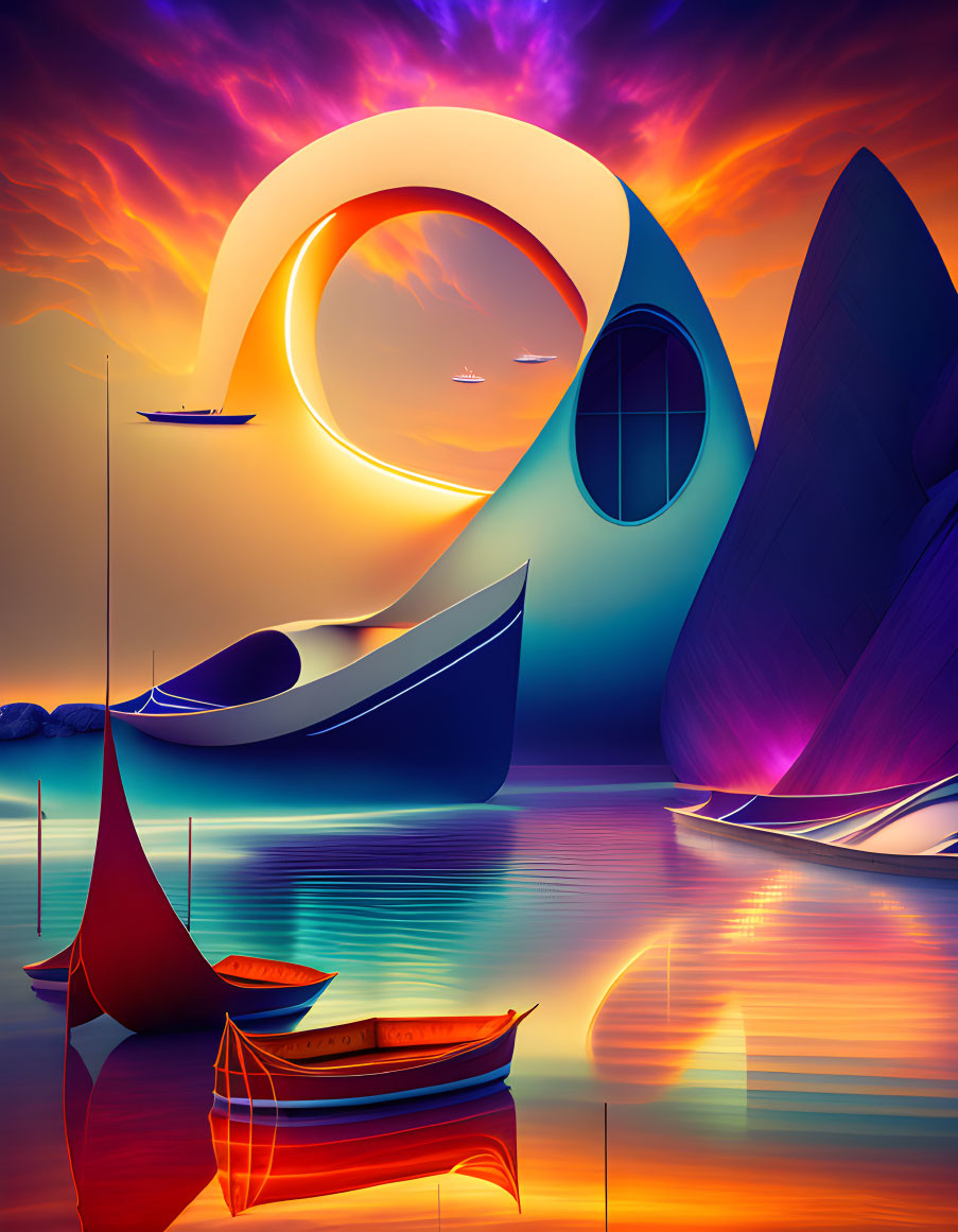 Surreal futuristic landscape with boats, dramatic sky & floating ships