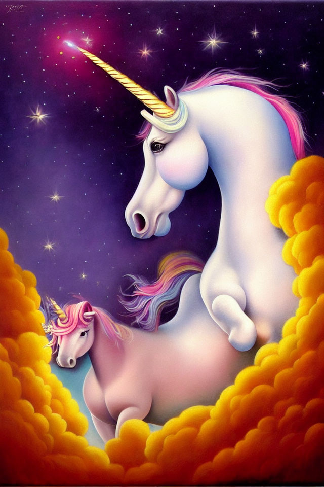 Illustration of two unicorns in starry sky