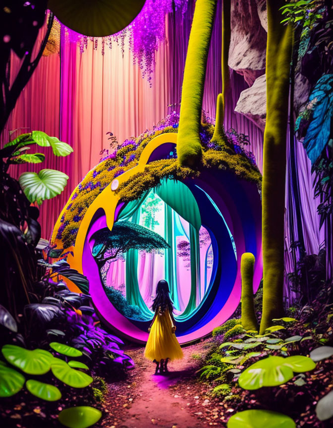 Person in Yellow Dress in Vibrant Forest with Glowing Rings