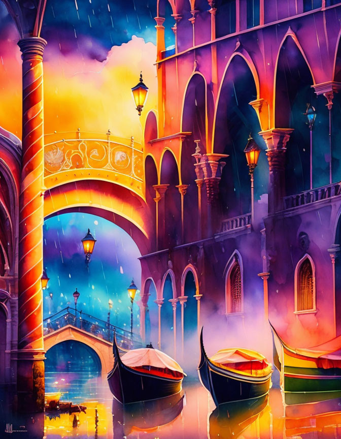 Colorful Venice cityscape with gondolas and ornate bridge under twilight sky