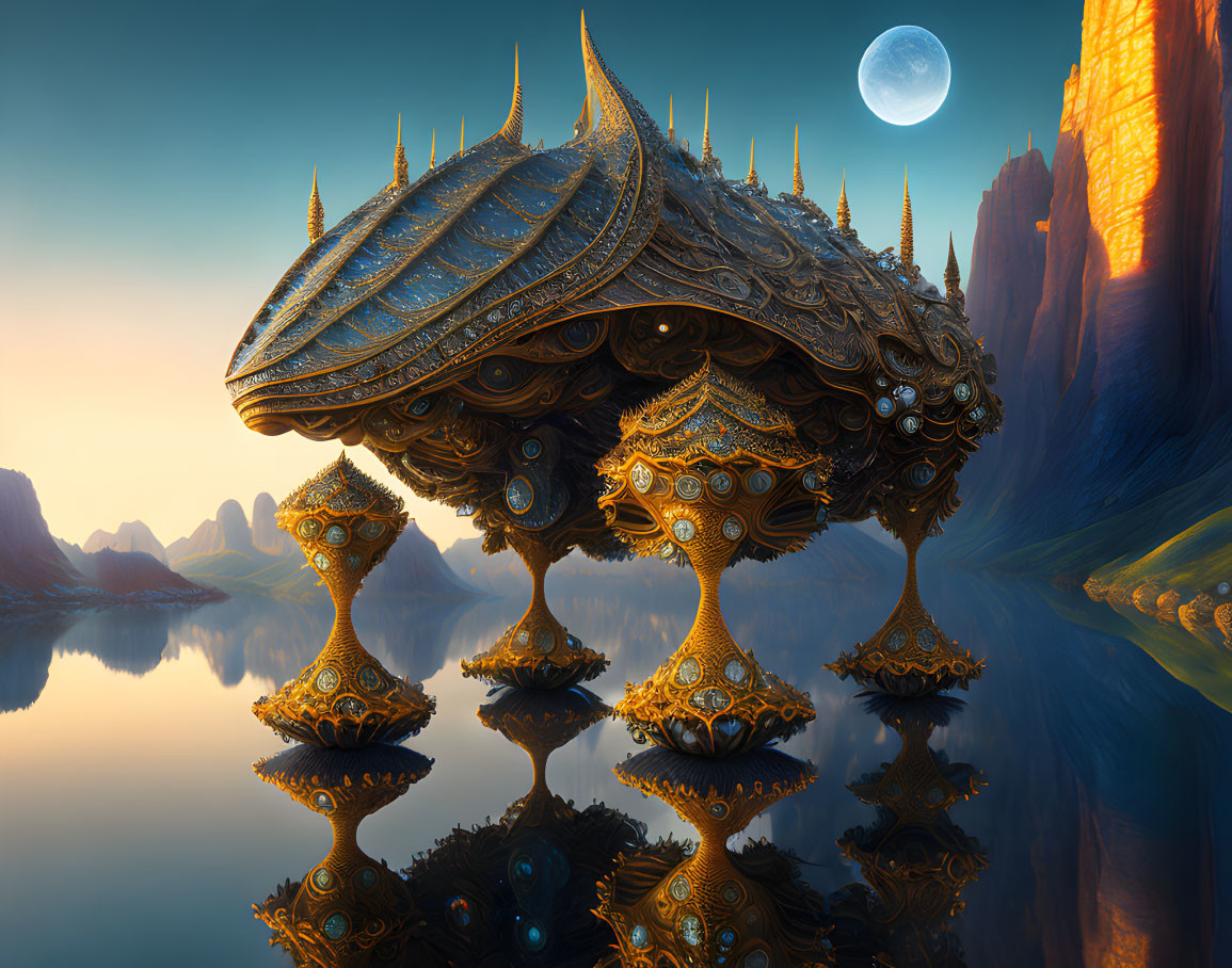 Ornate fantasy structure on mushroom pillars by calm lake