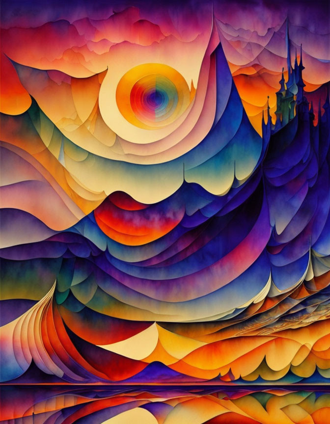 Colorful Abstract Painting: Swirling Patterns & Castle Silhouette