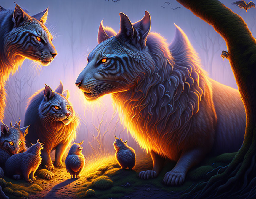 Mystical blue-striped cats and kittens in a nocturnal forest setting