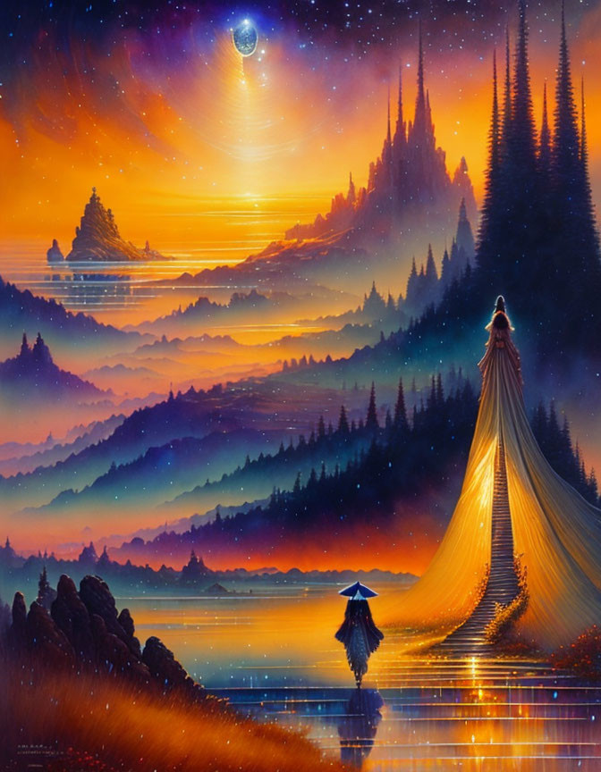 Colorful Dusk Landscape with Cloaked Figure by Reflective Lake