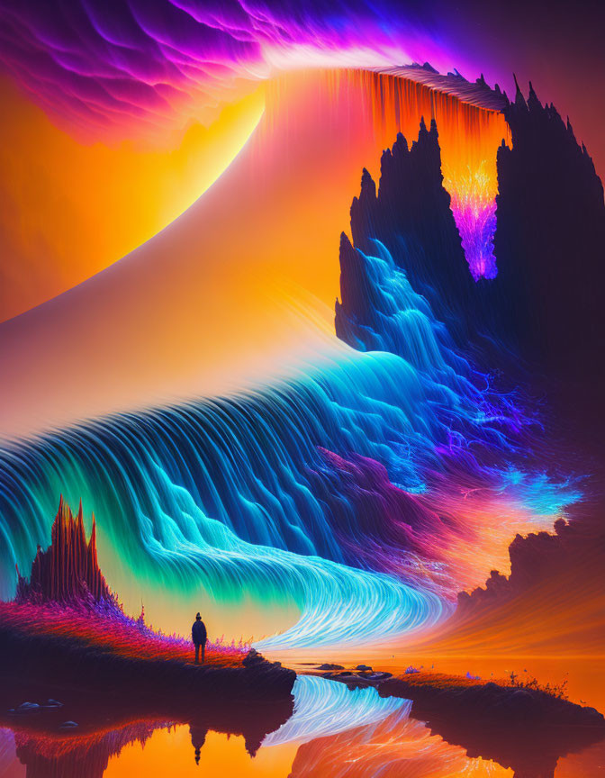 Digital artwork: Person viewing surreal neon waves and cliffs under purple sky