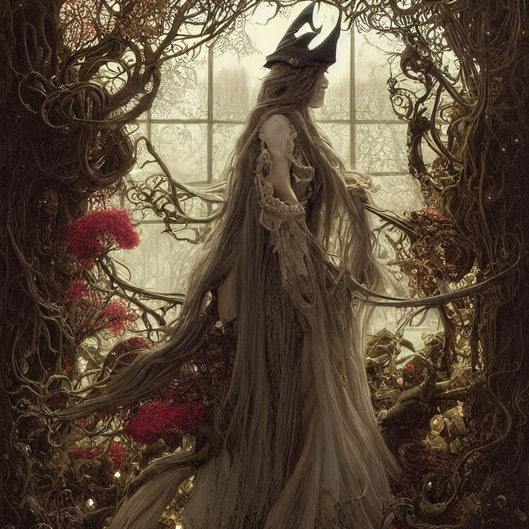 Mystical sorceress in ornate gown amidst twisted vines and red flowers