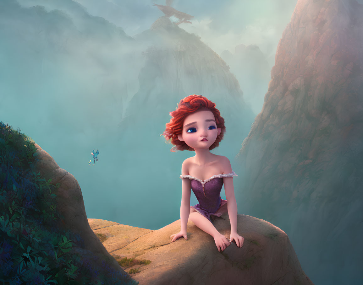 Red-haired animated girl gazes at misty gorge from cliff edge