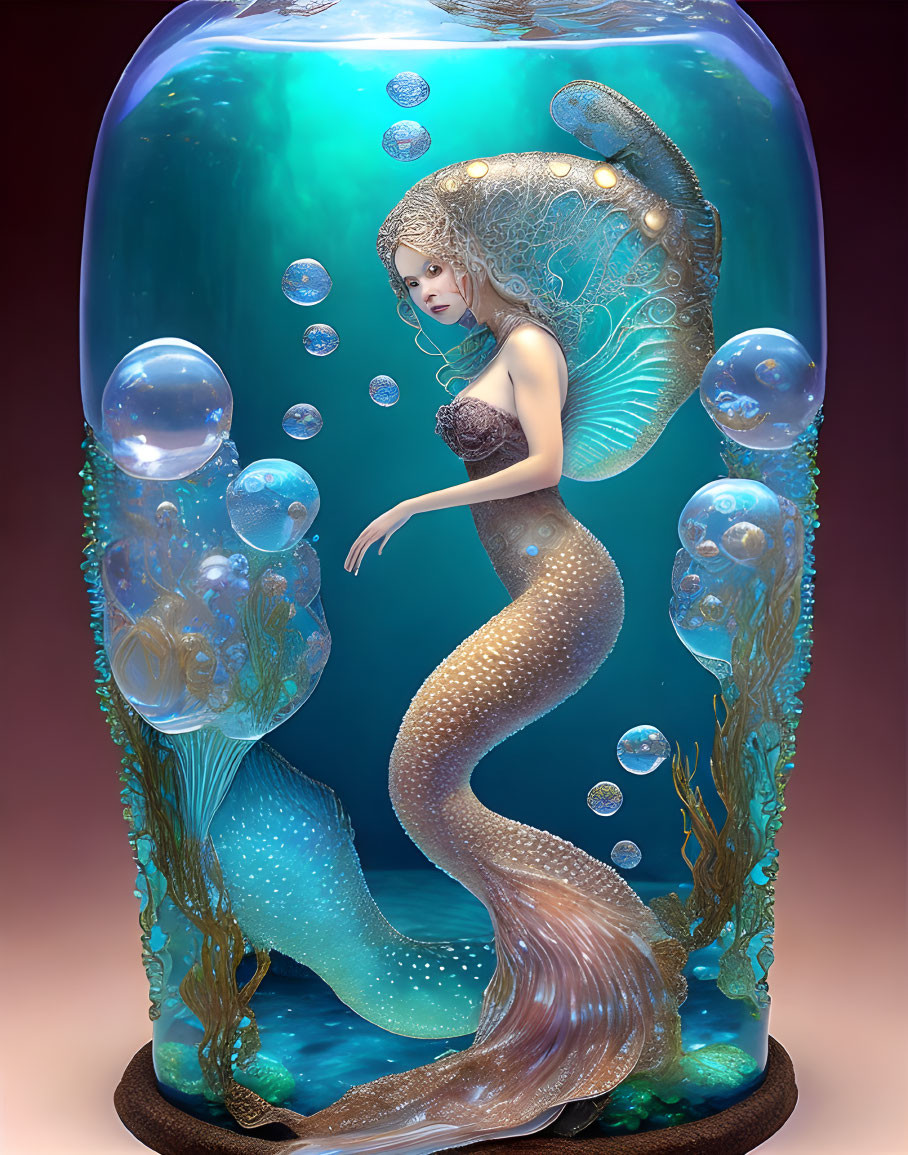 Shimmering tail and intricate fins mermaid in large aquarium with bubble trails