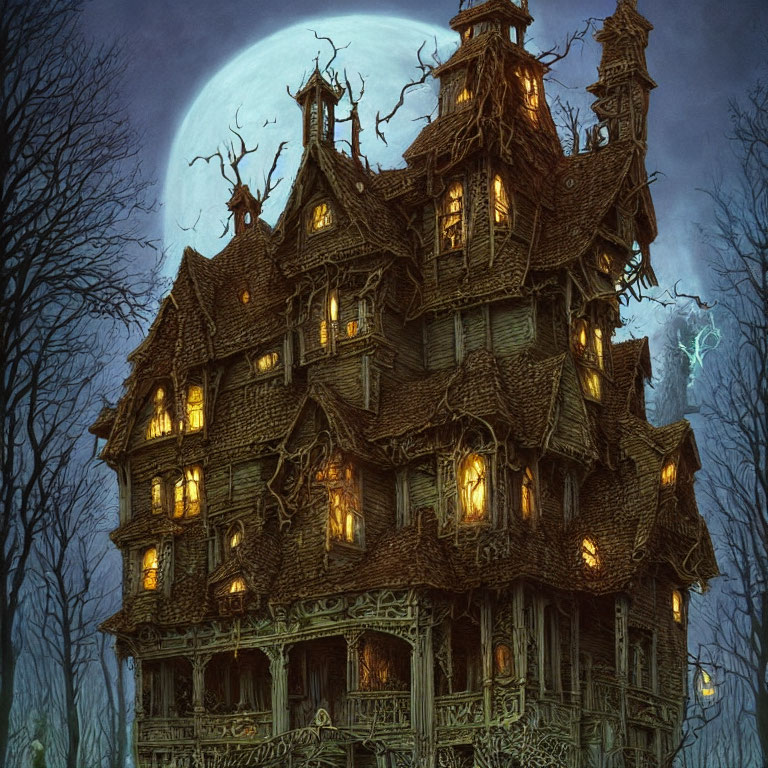 Eerie Victorian mansion under full moon with warm lights and barren trees