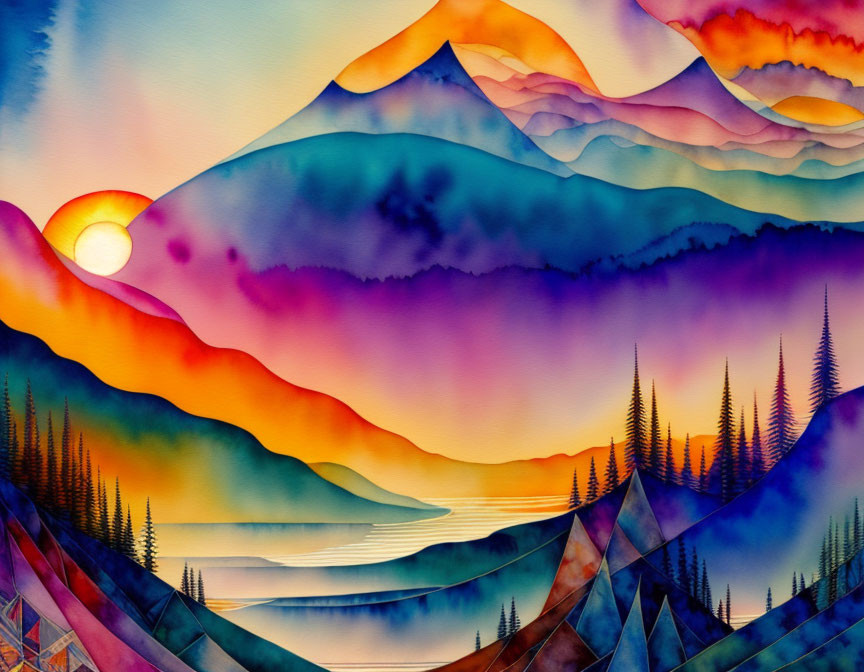 Mountain Sunset Watercolor Painting with Reflective Lake