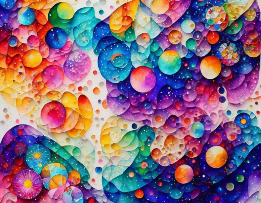 Abstract watercolor painting with vibrant circles and patterns