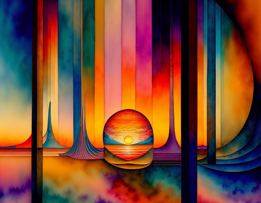 Colorful Vertical Strands and Sunset Motif on Warm Gradient Background