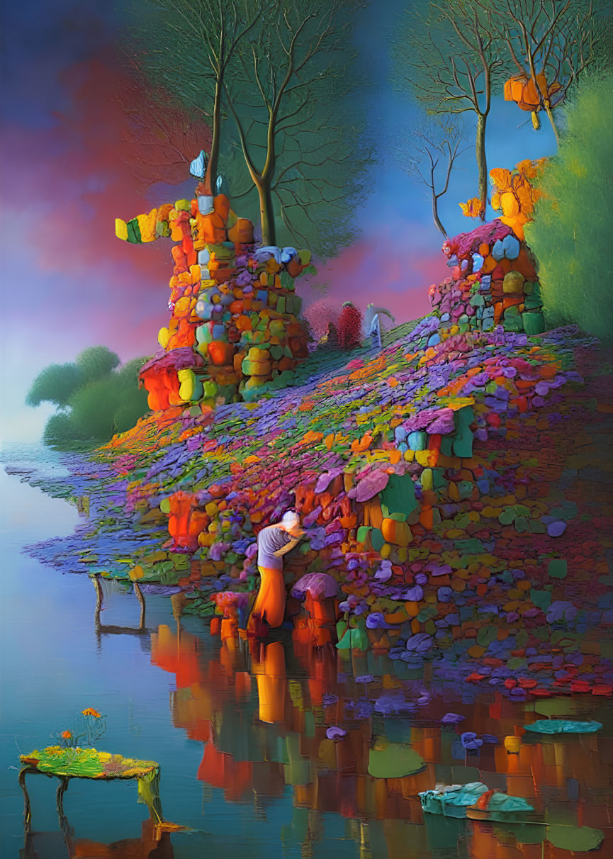 Vibrant surreal landscape with figure and umbrella in calm water scene