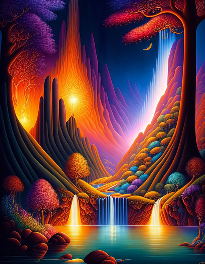 Fantastical landscape with luminous trees and glowing rock formations