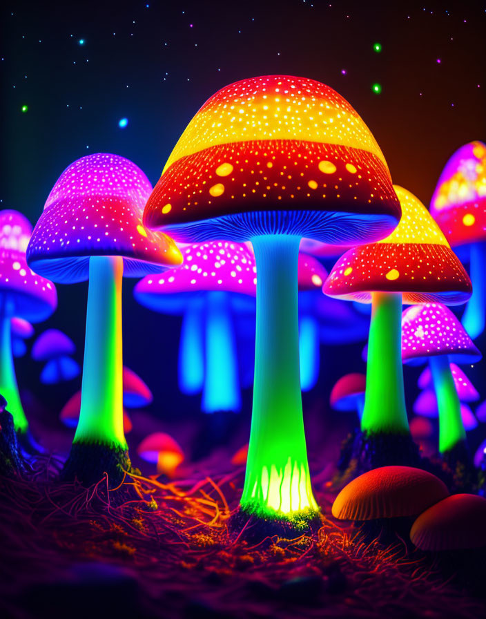 Neon Glowing Mushrooms Illuminate Starry Scene