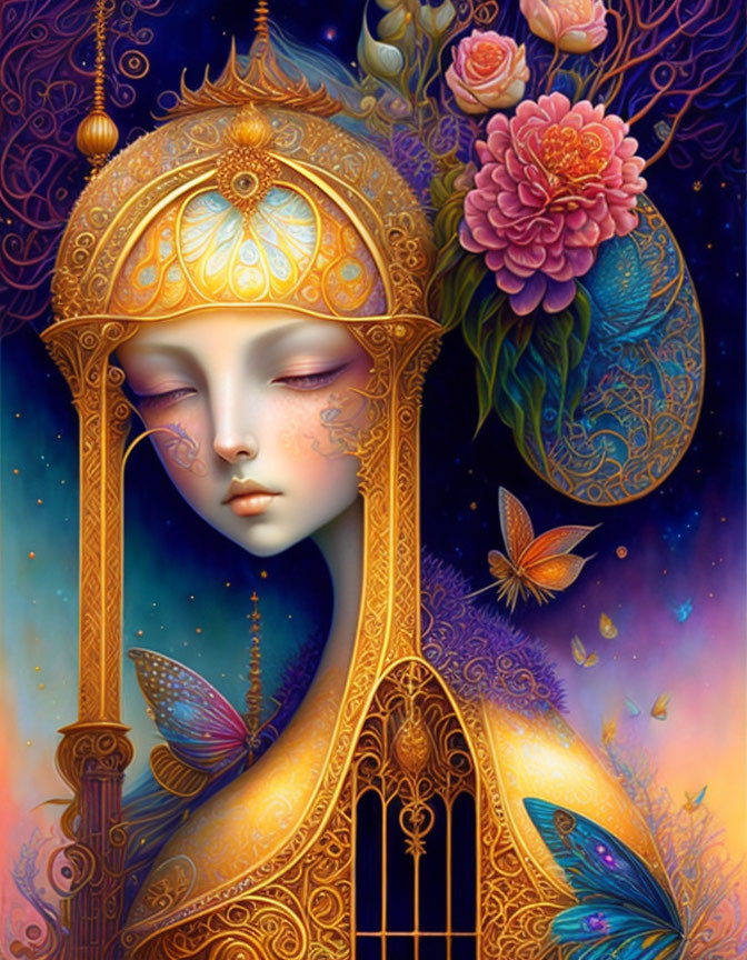 Surrealist portrait blending woman's face with architectural elements, flowers, and butterflies