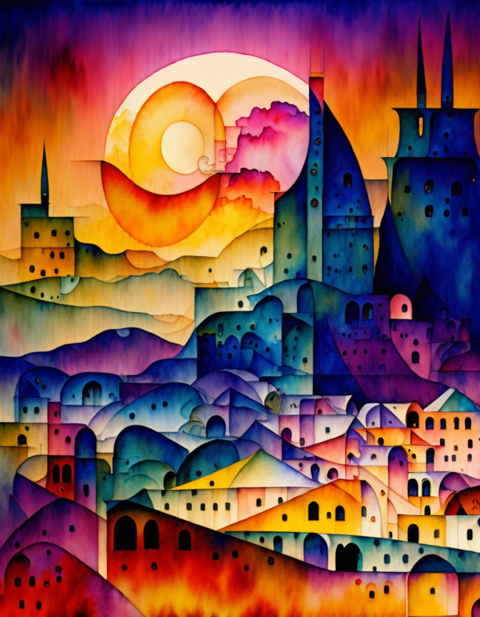 Vibrant cityscape painting with swirling sun in colorful sky