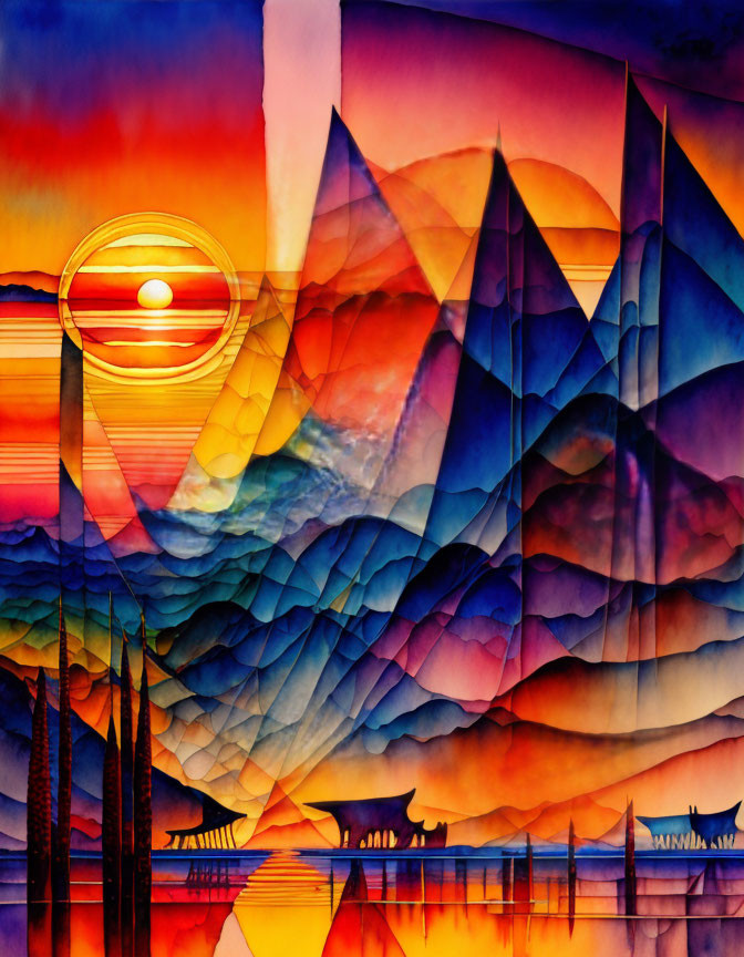 Abstract Watercolor Landscape with Geometric Mountain and Wave Patterns