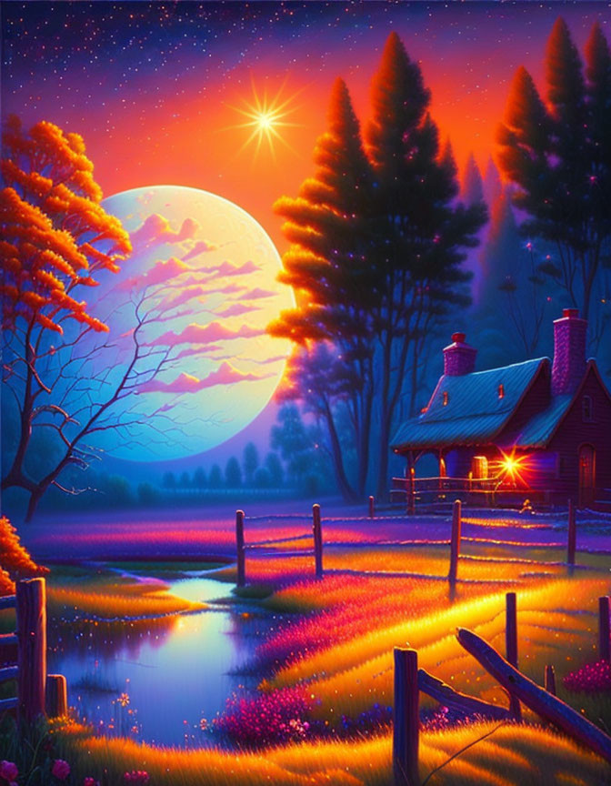 Illustration of cozy cabin by river at night with full moon and starry sky