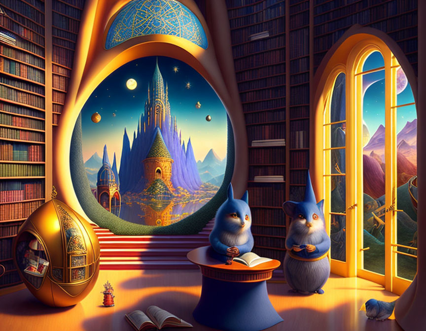 Fantasy library illustration with blue creatures and castle view