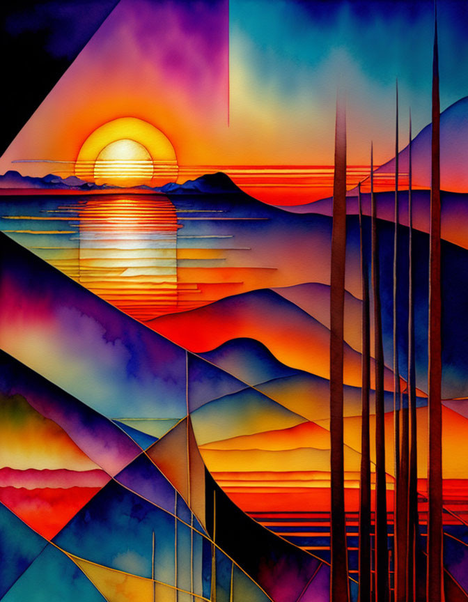 Vibrant abstract art: stylized sunset with hills and water