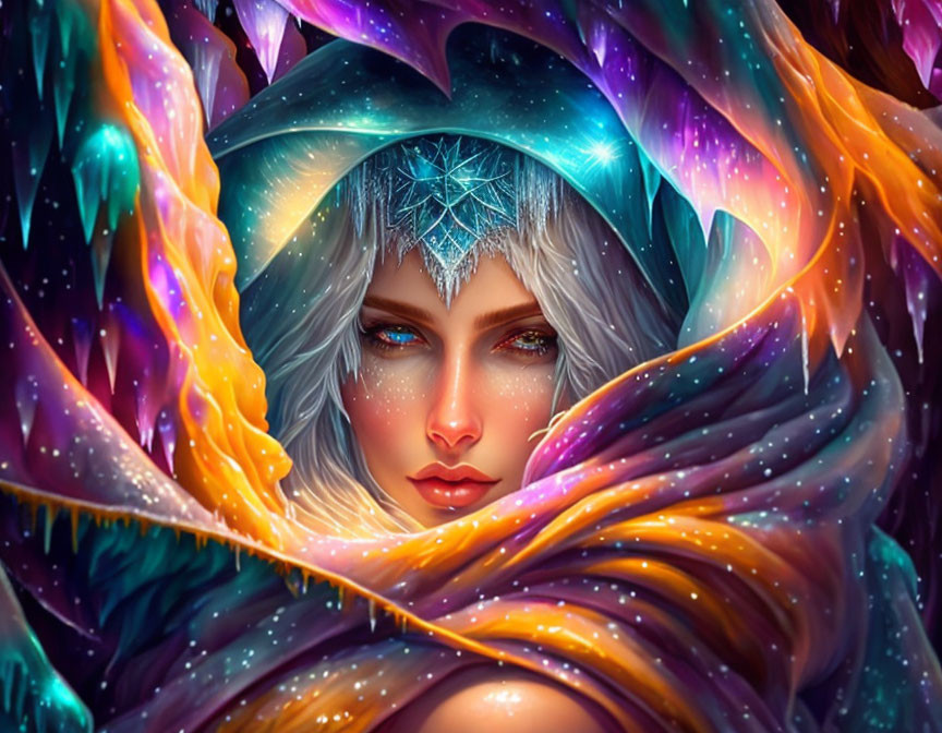 Mystical woman with silver hair and crystal crown in vibrant cloak