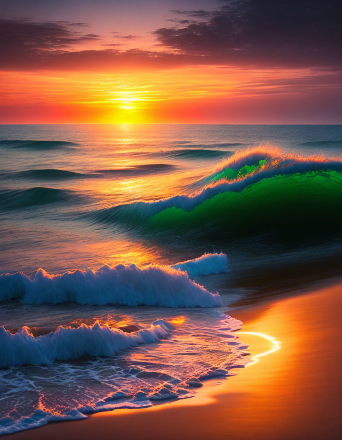 Vibrant sunset over ocean with golden shoreline & wave crest