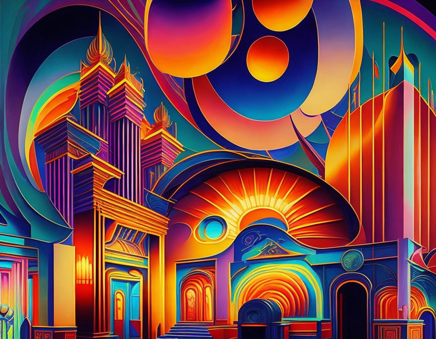 Colorful Abstract Architectural Artwork with Swirling Skies