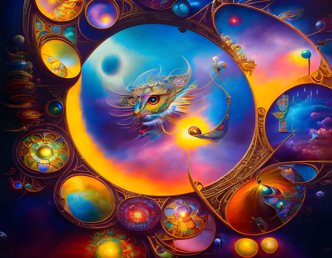 Colorful fantasy artwork: Ornate dragon-like creature surrounded by celestial orbs and cosmic swirls