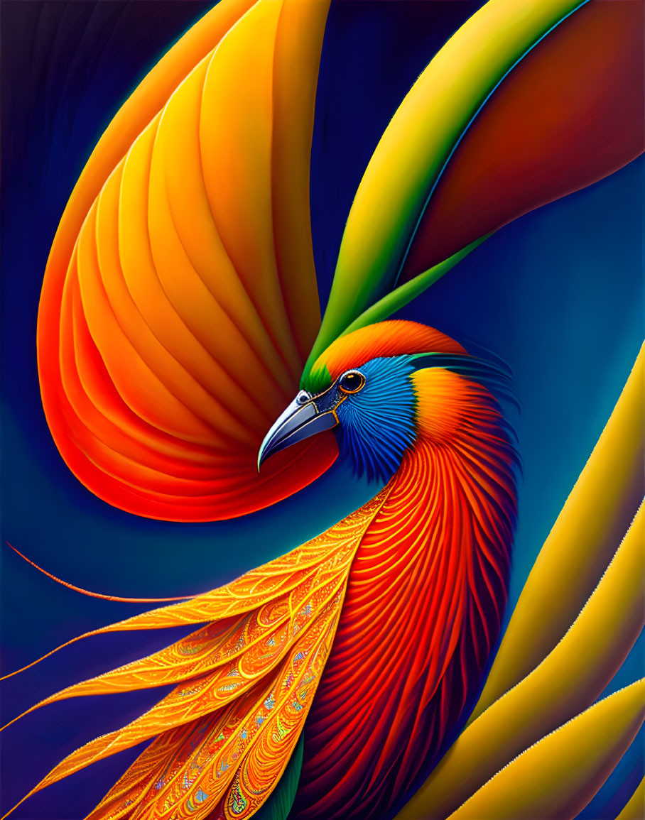 Colorful digital artwork: Bird with fiery orange plumage and blue neck