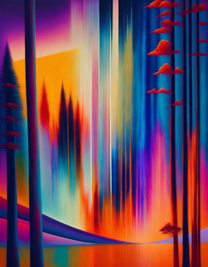 Colorful Forest Painting with Dripping Vertical Lines and Sunset Gradient