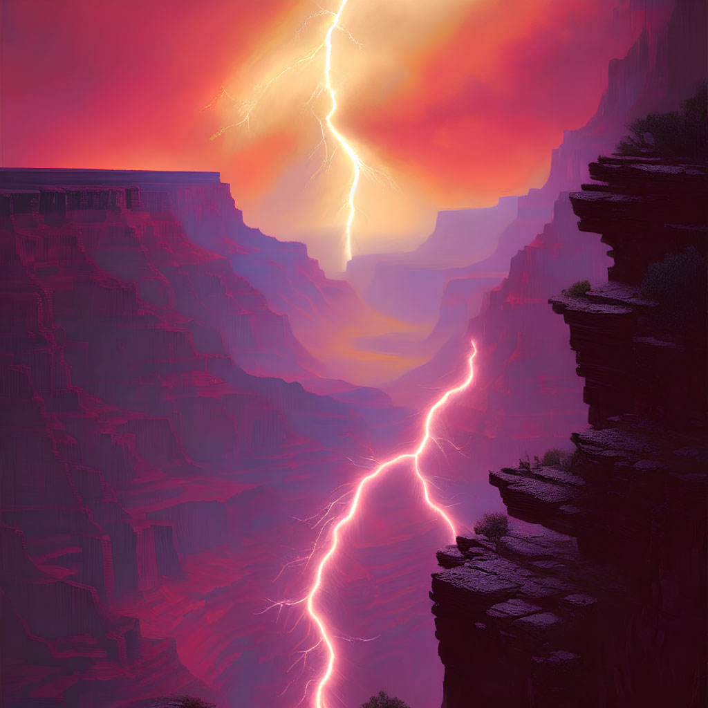 Digital artwork of thunderstorm with lightning in crimson canyon under dramatic sky