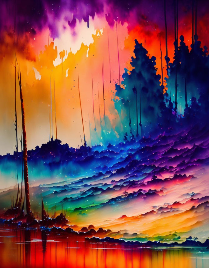 Colorful Landscape Painting: Purple, Orange, and Blue Hues with Silhouetted Trees and