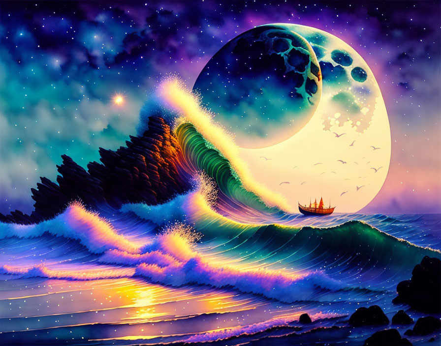 Fantasy Seascape with Glowing Moon, Stars, Ship, and Luminous Colors