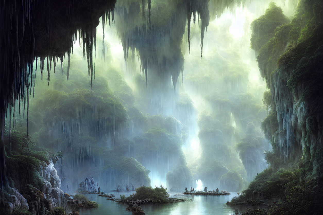 Mystical forest scene with lush greenery, hanging vines, mist, and serene lake