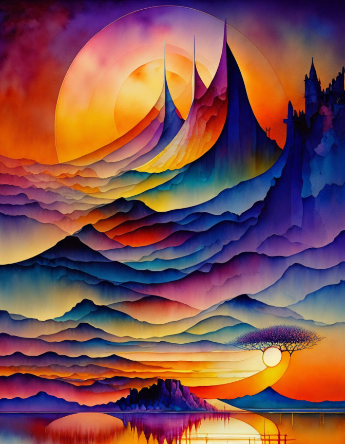 Colorful painting: waves, tree, sailboat, castle under celestial sky