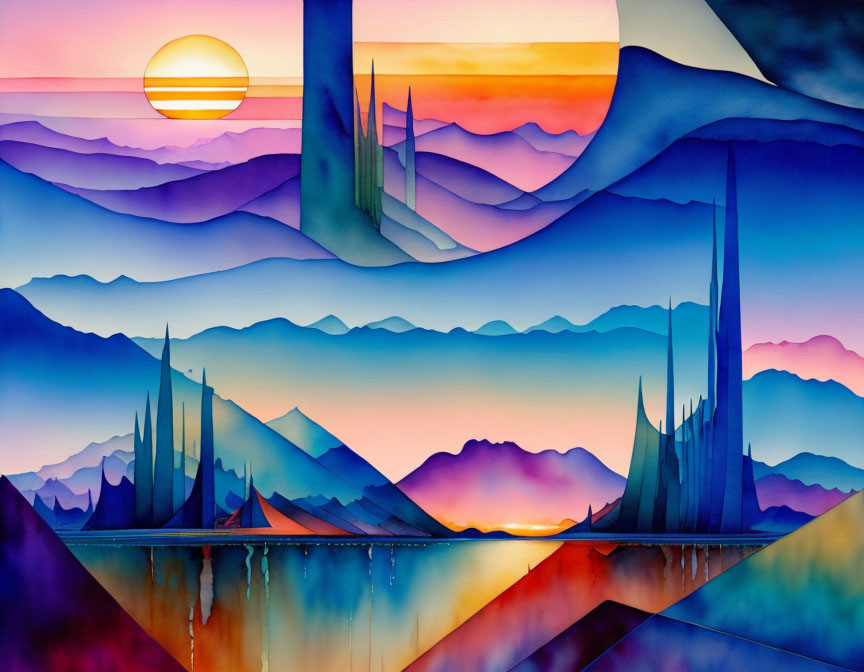 Stylized landscape with layered mountains and vivid sunset