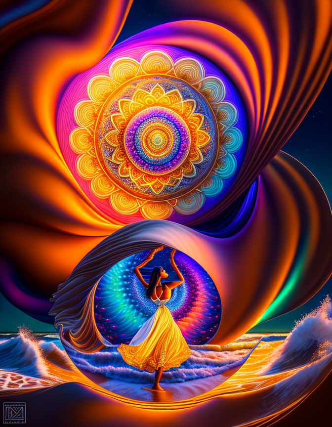 Colorful digital art: Woman dancing on beach