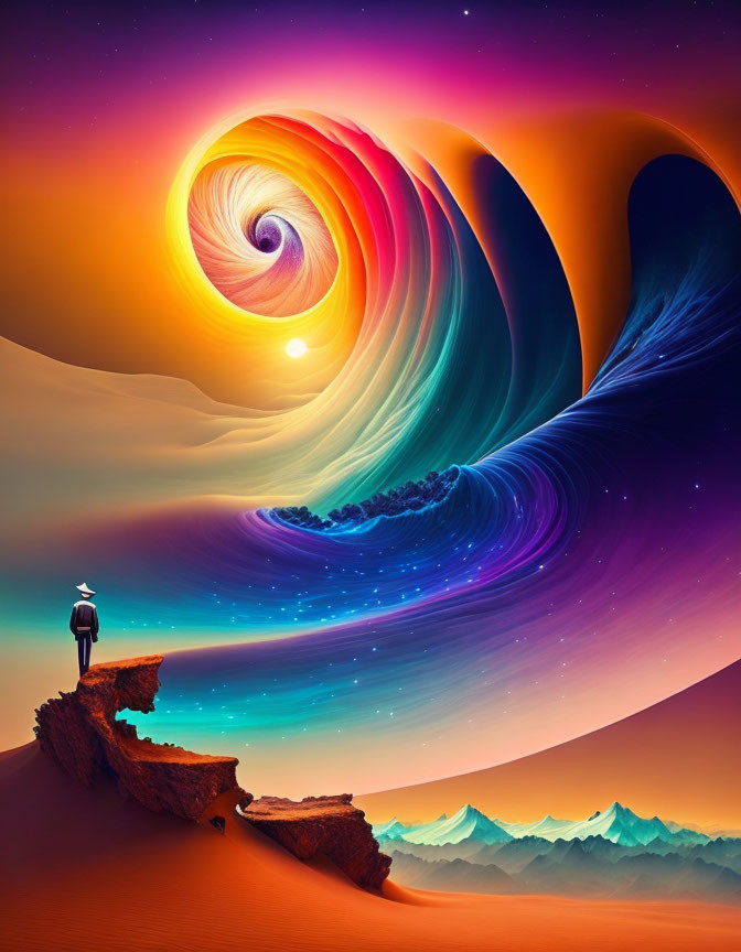 Person standing on cliff under vibrant, swirled sky overlooking desert landscape