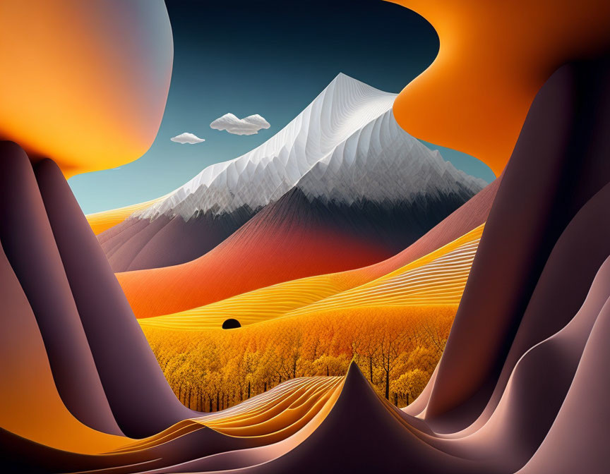 Vibrant orange dunes, forest, snowy peaks in surreal landscape