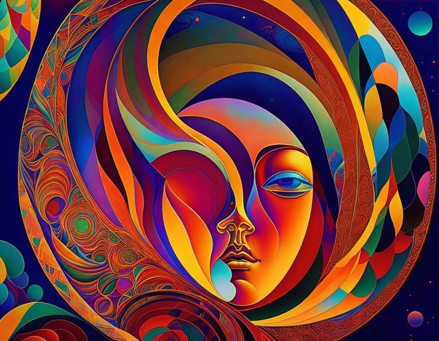 Colorful Abstract Art: Stylized Face Amid Swirling Patterns & Bright Colors