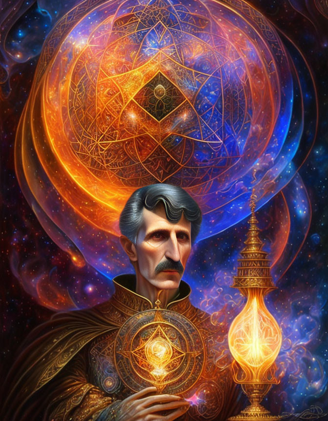 Man with Mustache in Elaborate Attire against Cosmic Background