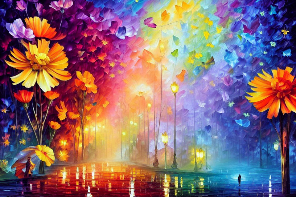 Colorful Rain-Kissed Pathway with Blooming Flowers and Silhouetted Figure